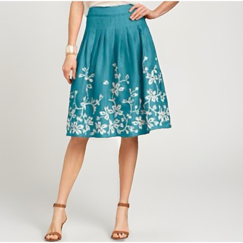 Talbots 100% Linen A-Line Midi Skirt Size 10 Teal Embroidered White Floral